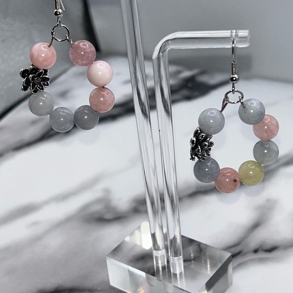 Rose Quartz & Grey Jade Gemstone Hoop Earrings with Flower Accent - Picture 2 of 3